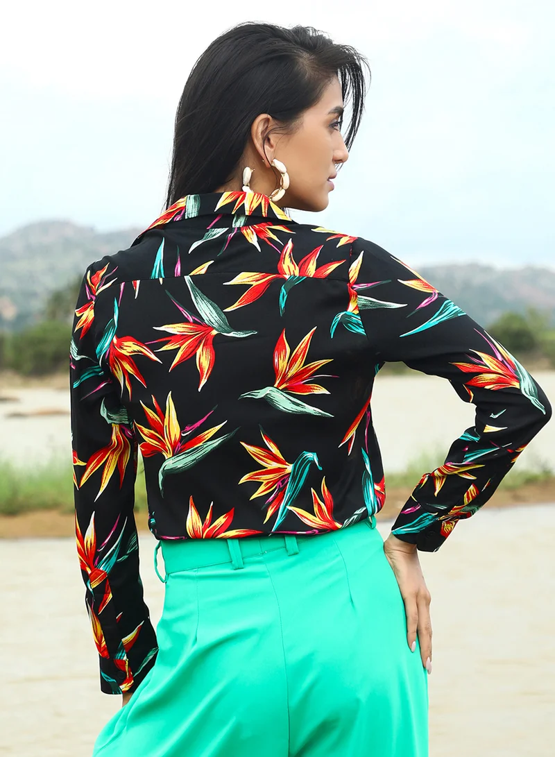 Pinacolada  Women's Onyx Black Wild Foliage Shirt For Casual Wear | Spread Collar | Long Sleeve | Button Closure | Shirt Designed With Comfortable Fit For Woman & Girls for Women | Best Price UAE
